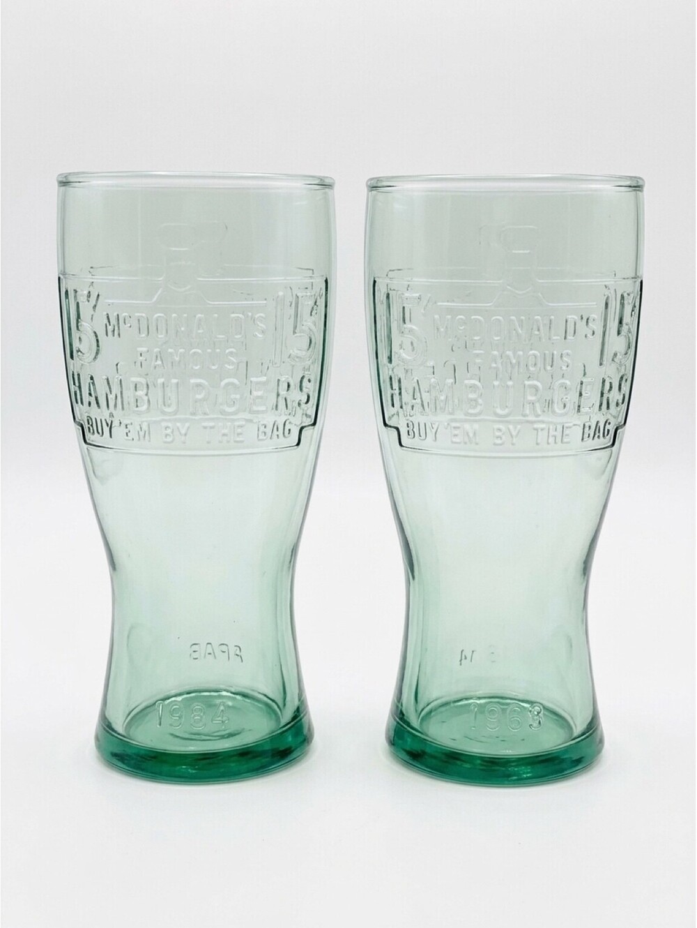 McDonald's 1948 Retro 15¢ Hamburger Green Glasses Set of 2 Vintage 1990s